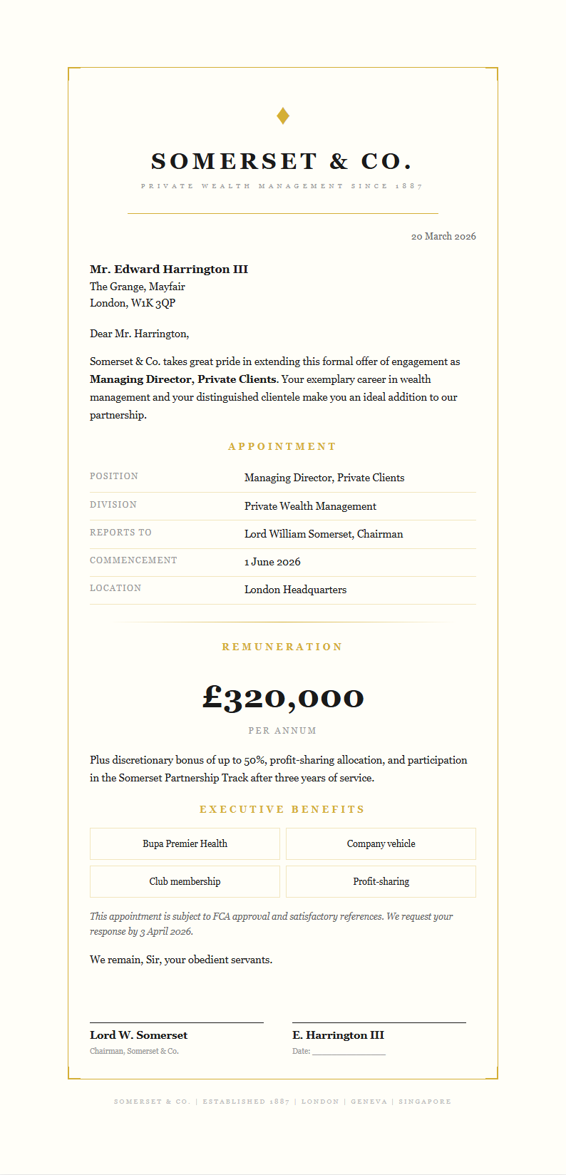 Luxury premium job offer letter